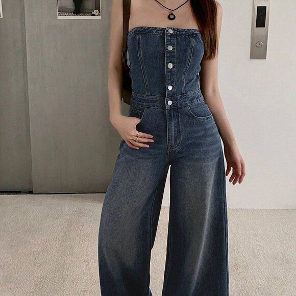 Pants - Medium Wash Casual Women's Button Front Pocket Wide Leg Halter Denim Jumpsuit